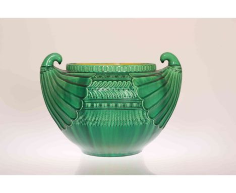 LINTHORPE POTTERY, NO. 2298A LARGE GREEN GLAZED JARDINIERE, IN THE MANNER OF CHRISTOPHER DRESSER, with twin handles, incised 