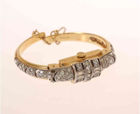 A FAVRE-LEUBA 1960'S CONCEALED DIAL LADY'S BANGLE WATCH, IN ART DECO STYLE, set with faux diamonds, 17 jewel, Swiss movement,