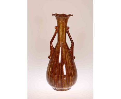 LINTHORPE POTTERY, NO. 2078A LARGE TWO-HANDLED VASE, decorated with a streaky brown glaze, impressed marks. 47.5cm