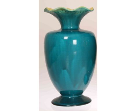 LINTHORPE POTTERY, NO. 1784A TURQUOISE AND RED GLAZED VASE, of shouldered ovoid form with circular foot and undulating neck r