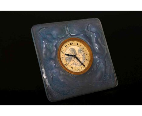 A LALIQUE OPALESCENT GLASS "NAIADES" GLASS CLOCK, engraved R. Lalique France. 11.5cm 