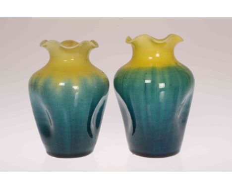 LINTHORPE POTTERY, NO. 1350 TWO DIMPLED VASES, of shouldered ovoid form with undulating rims, glazed in yellow and green, imp