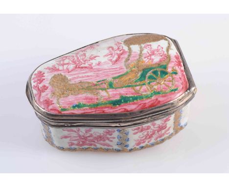 A CONTINENTAL 18TH CENTURY ENAMEL SNUFF BOX, coffin shaped, puce painted in the Rococo manner with figures in a landscape and
