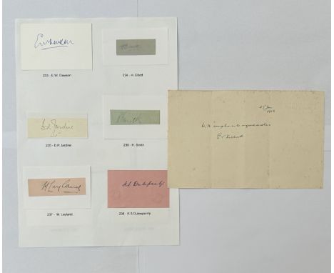 ENGLAND CRICKET AUTOGRAPHS, 1920S/30S TEST PLAYERS, 9 AUTOGRAPHS ON INDIVIDUAL CARD. E.W. DAWSON, H. ELLIOT, D.R. JARDINE, H.