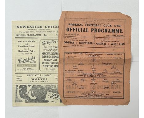 X2 WOLVERHAMPTON WANDERERS 1940S FOOTBALL PROGRAMMES, CENTRAL LEAGUE AWAY VERSUS NEWCASTLE UNITED 19/10/1946, FOOTBALL LEAGUE