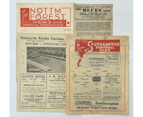X4 COVENTRY CITY 1947/48 AWAY FOOTBALL PROGRAMMES, NOTTINGHAM FOREST 1/11/47, DONCASTER ROVERS 13/3/48, BIRMINGHAM CITY 3/9/4