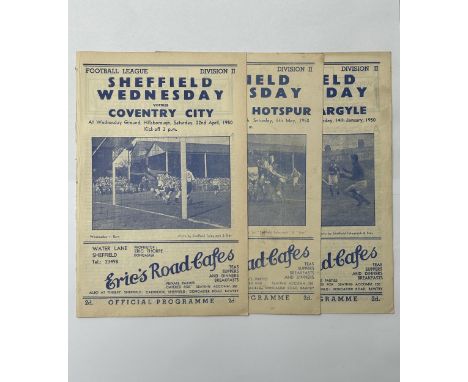 X3 SHEFFIELD WEDNESDAY 1949/50 HOME FOOTBALL PROGRAMMES, COVENTRY CITY 22/4/1950, TOTTENHAM HOTSPUR 6/5/1950, PLYMOUTH ARGYLE