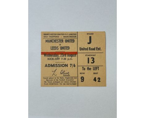 MANCHESTER UNITED VERSUS LEEDS UNITED 1967/68 FOOTBALL TICKET STUB, 23/8/67. GENERALLY VERY GOOD.