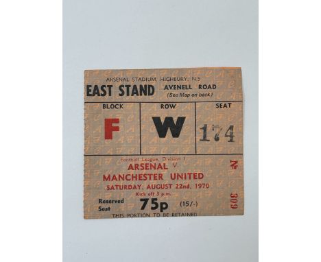 ARSENAL VERSUS MANCHESTER UNITED 1970/71 FOOTBALL TICKET STUB, 22/8/1970, ARSENAL DOUBLE WINNING SEASON.