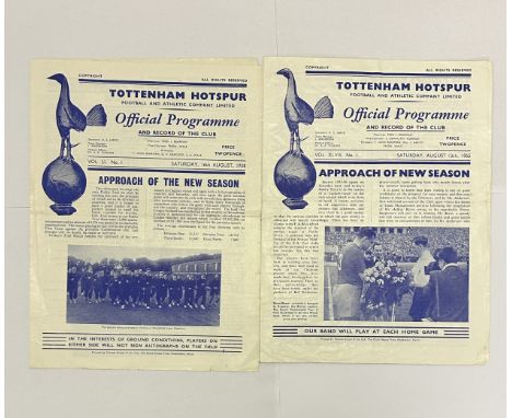 X2 TOTTENHAM HOTSPUR 1955/58 PUBLIC TRIAL MATCH FOOTBALL PROGRAMMES, WHITES VERSUS BLUES 13/8/1955, WHITE VERSUS BLUES 16/8/1