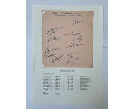 NEW ZEALAND CRICKET AUTOGRAPHS, 1931 TEST TEAM, 11 AUTOGRAPHS NOTED. I.B. CROMB, K,.C. JAMES, R.C. BLUNT, C.S. DEMPSTER, M.L.