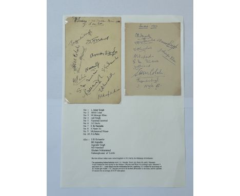 INDIA CRICKET AUTOGRAPHS, 1932 TOUR OF ENGLAND, 24 AUTOGRAPHS NOTED, SOME REPEATED. L AMAR SINGH, SHM COLAH, M JAHANGIR KHAN,