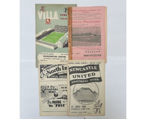 X4 MANCHESTER UNITED 1956/57 AWAY FOOTBALL PROGRAMMES, PRESTON NORTH END 20/8/1956, WREXHAM FA CUP 26/1/1957, ASTON VILLA 8/1