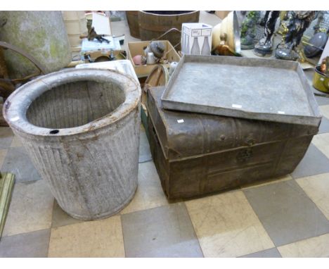 A galvanised bin, a tray and a tin steamer trunk 