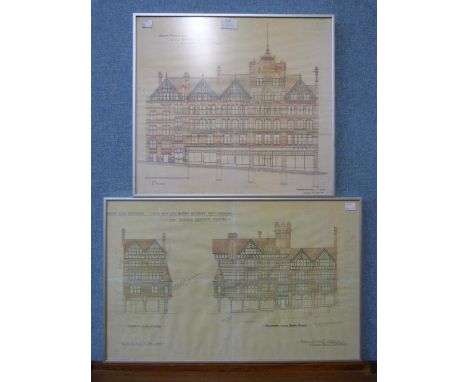Two Watson Fothergill Nottingham architectural drawing prints, framed 