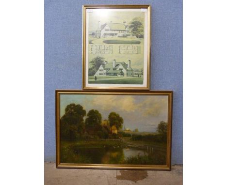 A C.F.A. Voysey architectural plan print and a rural landscape, oil on canvas, both framed 