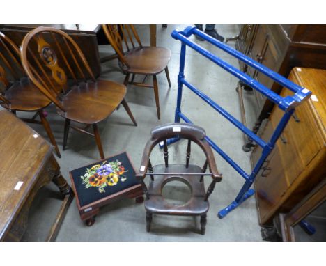 A Victorian elm child's commode chair, a painted towel rail and a stool 