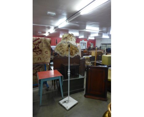 A mahogany hanging corner cupboard, oak nest of tables, standard lamp, 1950's drop-leaf kitchen table and a painted pine tool