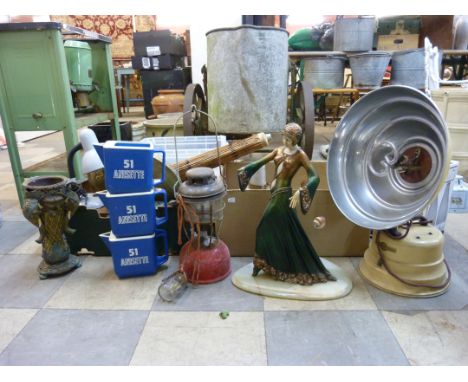 Six boxes of household items, including scales,  a Tilley lamp, light shades, etc. 