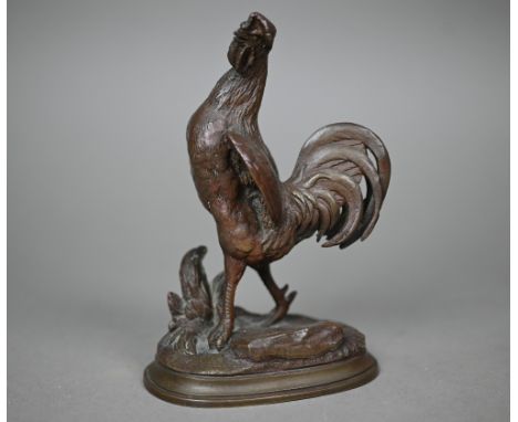 Jules Moignez (1835 - 1894) - A brown patinated bronze cockerel, 14 cm high 