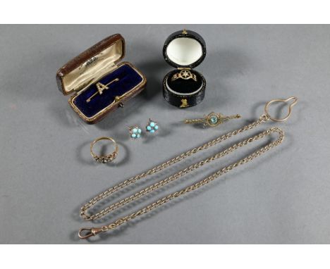 A collection of Victorian jewellery items including 18ct and black enamel mourning ring, letter 'A' brooch set seed pearls, t