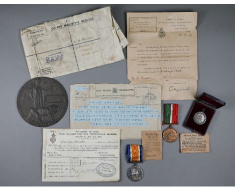 A WWI death plaque for Arthur Albert Haddon to/with original OHMS telegram and the WWI medal pair to George Haddon British wa