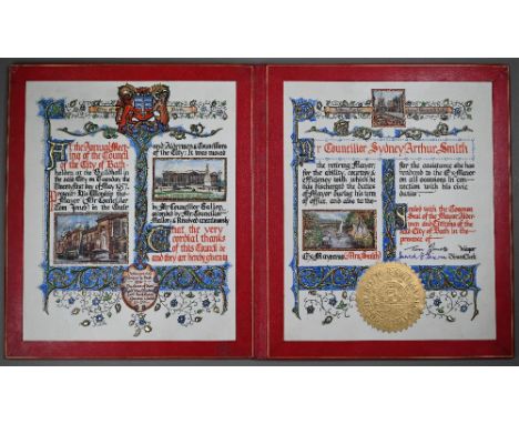 A City of Bath Council manuscript, illuminated gilded and painted red leather booklet of thanks for the services of the retir
