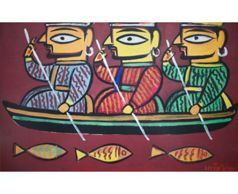 Jamini Roy (1887-1972) - Three fishermen in a canoe, gouache, signed lower right, 28 x 45 cm 