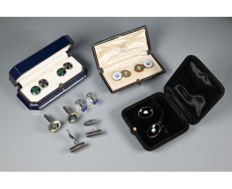 A collection of cufflinks including tartan enamel engraved to reverse 'Johnny with much love' (cased), pair of oval black ena