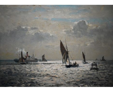 Norman Wilkinson (1878-1971) - Marine scape with sun breaking clouds, oil on canvas, signed lower right, 44 x 59 cm ARR may b