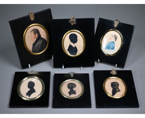 Two early 19th century portrait miniatures on card - gentleman and young boy to/w two painted and gilded silhouettes of a you