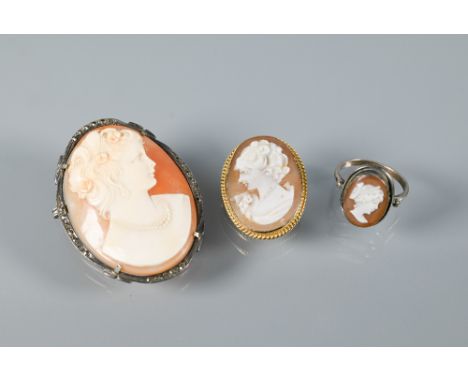 A modern oval shell cameo brooch featuring female head, with 9ct yellow gold rope mount, 3 x 2.2 cm; a marcasite set oval cam