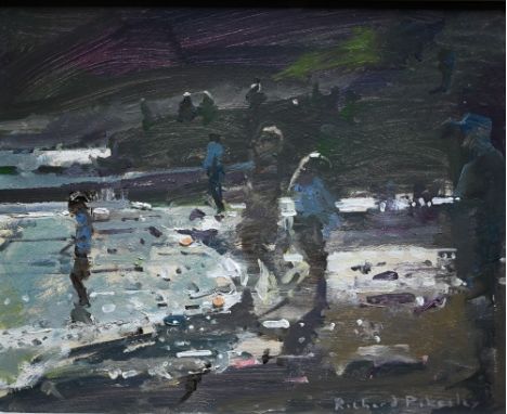 Richard Pikesley (b 1951) - 'Paddlers, Evening light', oil on board, signed lower right, 20 x 24.5 cm, NEAC at the Mall Galle