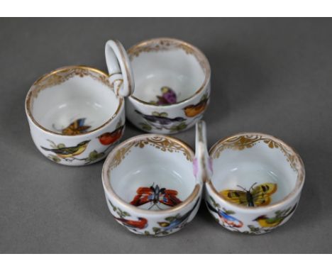 Two 19th century Meissen porcelain double salts with ring handles, outside decorated with birds, moths and other insects (one