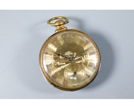 M Tobias, Liverpool, a 19th century gold tone open faced pocket watch, 48 mm dia., rear wind movement with chased case and pi
