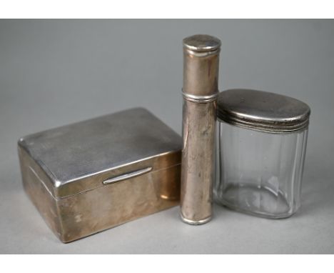 A silver cigarette box with Art Deco style engine-turning, to/w a tubular cigar-case stamped '925' and a Victorian cut glass 