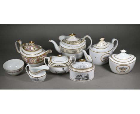 Three Regency New Hall (probably) tea pots with gilt and enamel decoration, one with matching sugar basin and cover, monochro