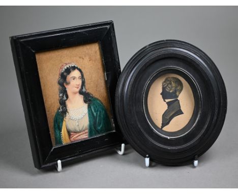 A 19th century Continental portrait miniature on card of a young lady with red cap and blue coat, to/w a painted and gilded s
