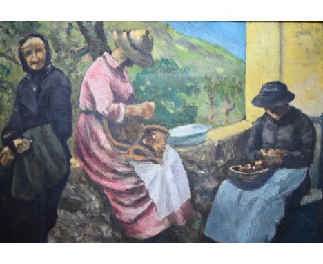 J R White? - Three ladies on a wall preparing food, oil on canvas, 45 x 65 cm 