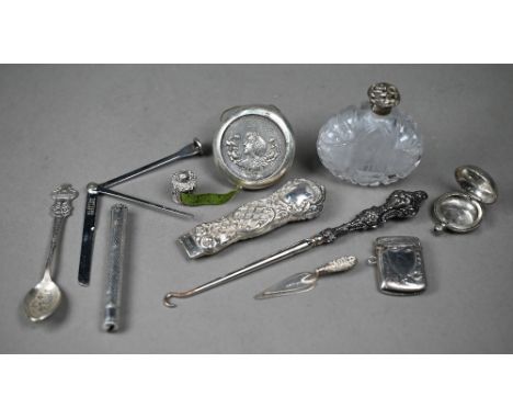 Various silver and other oddments including a vesta case, sovereign case, trowel book-mark, unmarked tape measure, cut glass 