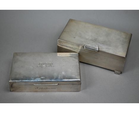 An Art Deco style cigarette box with engine-turned decoration, W.D. Pritchard, Birmingham 1954, 16.5cm wide, to/w another cig