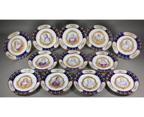 A set of twelve Sevres cabinet plates, painted with 17th and 18th century French Royal Mistresses and consorts in gilded surr