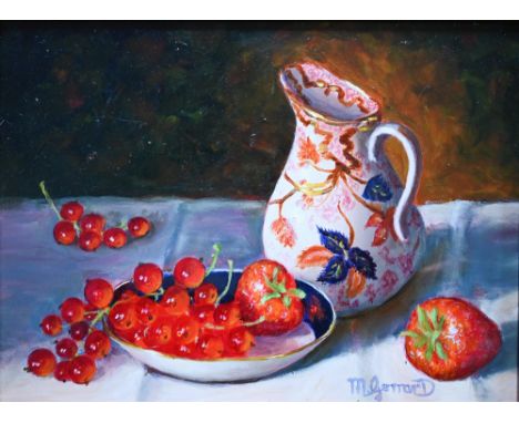 M Gerrard - Still life study with saucer of strawberries and redcurrants, oil on board, signed lower right, 15 x 19.5 cm 