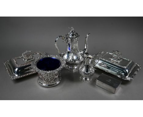 A Victorian silver plated jug; lot also includes a champagne bottle coaster with blue glass liner, a huntsman's epbm sandwich