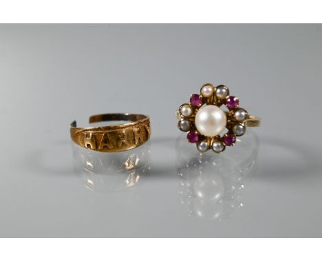 A 9ct yellow gold antique cluster ring set pearls and rubies, size M 1/2 to/w a broken ring 'Harry' (2) 