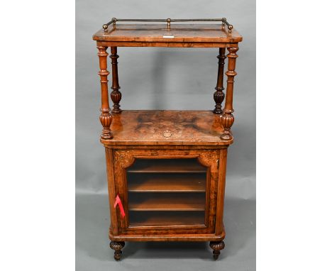 A Victorian inlaid walnut veneered display music cabinet, with tubular brass 3/4 gallery top over an open shelf and single gl