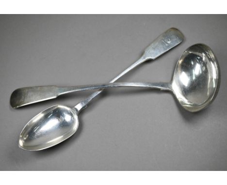 Newcastle assay: A George IV silver fiddle pattern soup ladle, John Walton, Newcastle 1824, to/w a Victorian stuffing spoon, 