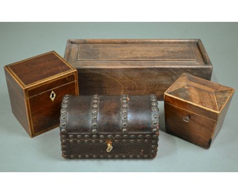 A Regency mahogany single sarcophagus tea caddy box, to/w a Sheraton mahogany cube tea caddy with bone escutcheon, a studded 