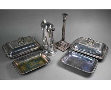 A Victorian electroplated Ecclesiastical flagon, Wilkinson &amp; Co, to/w a pair of plated on copper entrée dishes and covers