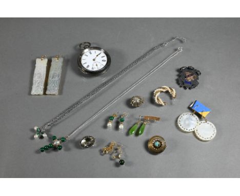 Two pairs of Chinese mother of pearl gaming counters mounted as earrings, an open faced pocket watch (a/f), Ari sterling pear